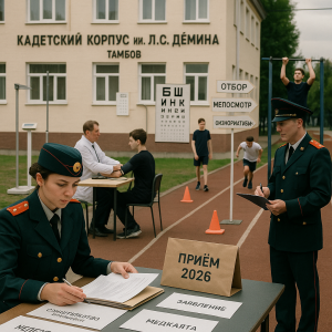Realistic photo of a Tambov cadet corps admission day: teens submit documents, pass medical