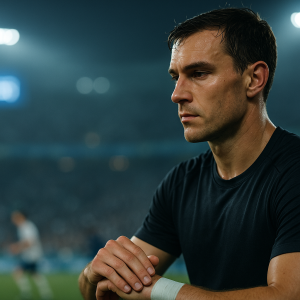Спортсмен сохраняет спокойствие во время матча: крупный план сосредоточенного лица на фоне размытого стадиона