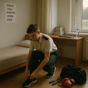 Clean editorial flat-lay photograph on a wooden desk summarizing a cadet’s daily regimen for