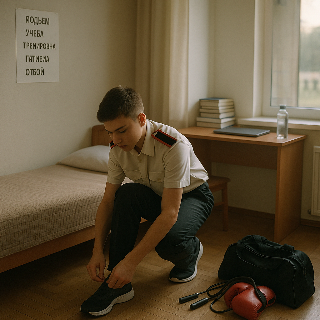 Clean editorial flat-lay photograph on a wooden desk summarizing a cadet’s daily regimen for