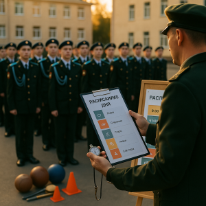 Photo, interior classroom of a cadet school in daytime. On the wall: a clean,