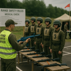 Supervised cadet safety briefing at an outdoor shooting range: instructor with blue training rifle,